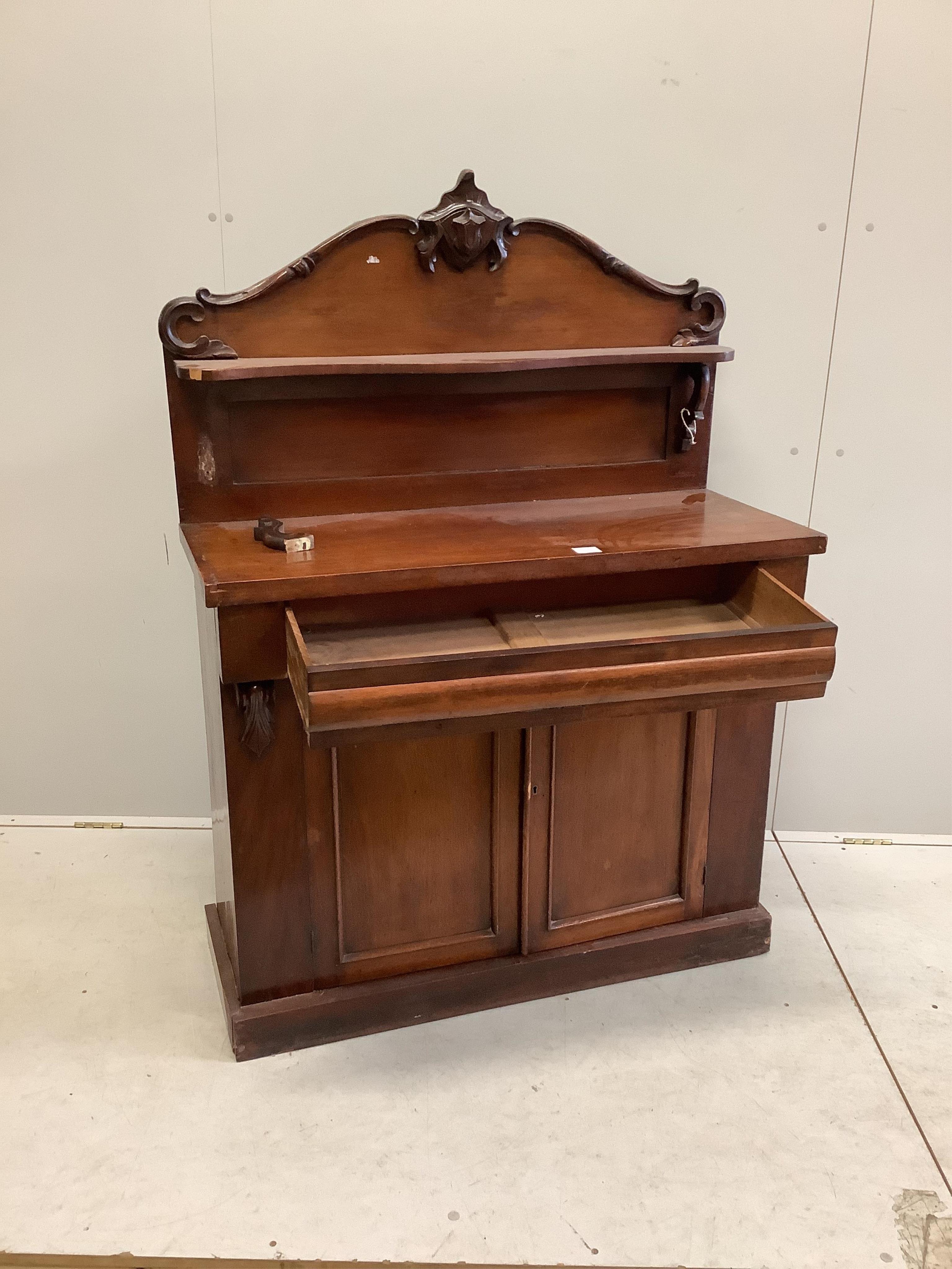 A Victorian mahogany chiffonier, width 102cm, depth 42cm, height 136cm. Condition - poor